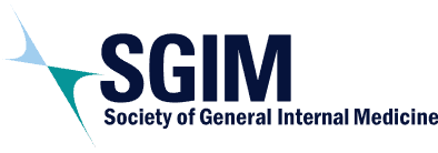 SGIM Logo - SGIM Society of General Internal Medicine in dark blue letters with Swooping, angular SGIM logo in light blue and sea green at the upper left corner.