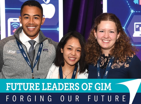 Photo of three SGIM members posing for a photo with the caption 'Future Leaders of GIM: Forging Our Future,' accompanied by a white arrow in the style of the SGIM logo