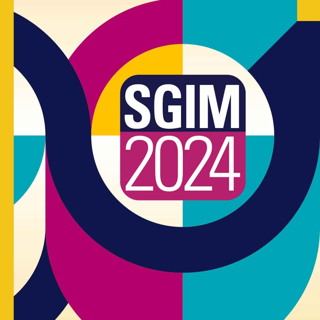 A vibrant, colorblock abstract logo for the SGIM 2024 Annual Meeting, featuring a dynamic and modern design.