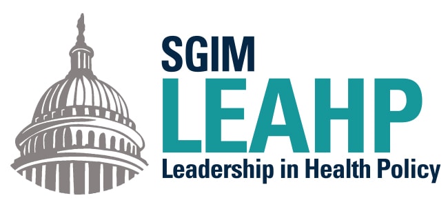 SGIM LEAHP logo - 'SGIM' and 'Leadership in Health Policy' in dark blue, 'LEAHP' in light blue, next to a stylized US Capitol building.