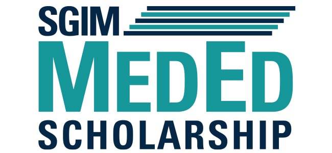 SGIM MedEd Scholarship program logo with 'SGIM' and 'Scholarship' in dark blue, 'MedEd' in light blue, and alternating dark blue and light blue stripes overhead.