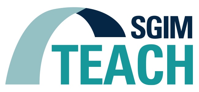 SGIM TEACH logo - 'SGIM' in dark blue, 'TEACH' in light blue, with a light blue and dark blue ribbon overhead.