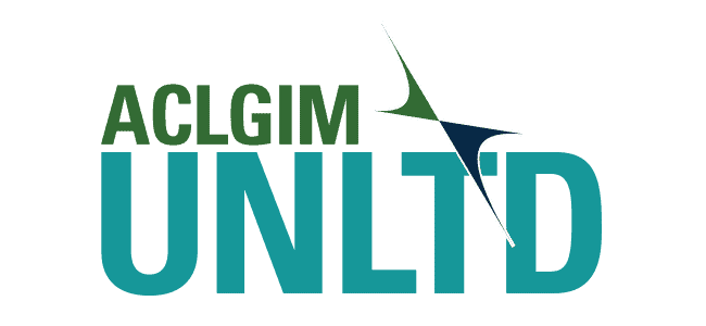 Angular green and dark blue ACLGIM UNLTD logo resembling the SGIM style, featuring 'ACLGIM' in green and 'UNLTD' in light blue.