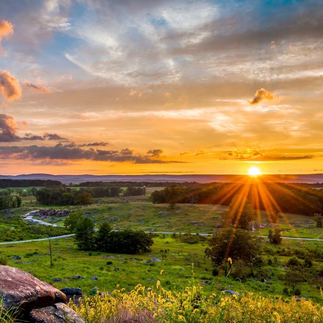Colorful summer sunset from Little Roundtop in Gettysburg, Pennsylvania