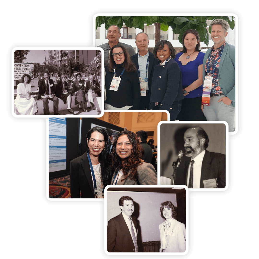 Collage of SGIM members at annual meetings across the decades, from vintage black-and-white photos to recent color group shots.