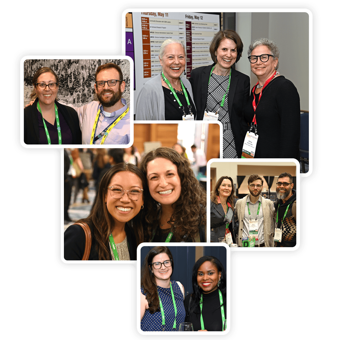 A collage of five photographs featuring SGIM attendees smiling and posing together at an SGIM Meeting.